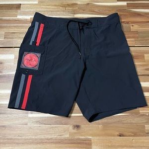 RVCA Board Shorts Mens 33 Black Red Artist Network Program Swim Trunks Logo